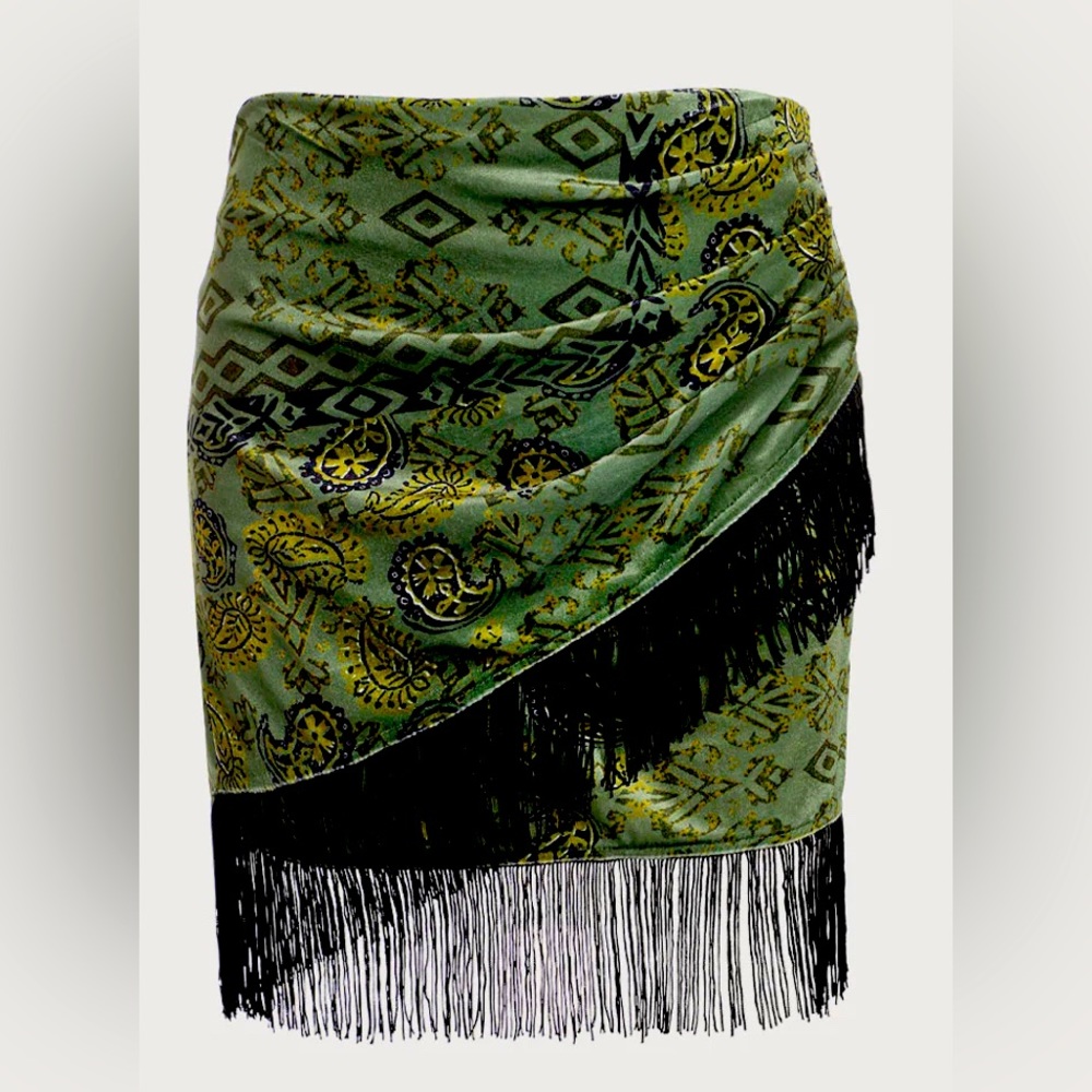 The Green High Waisted Fringe Ruched Mini Skirt